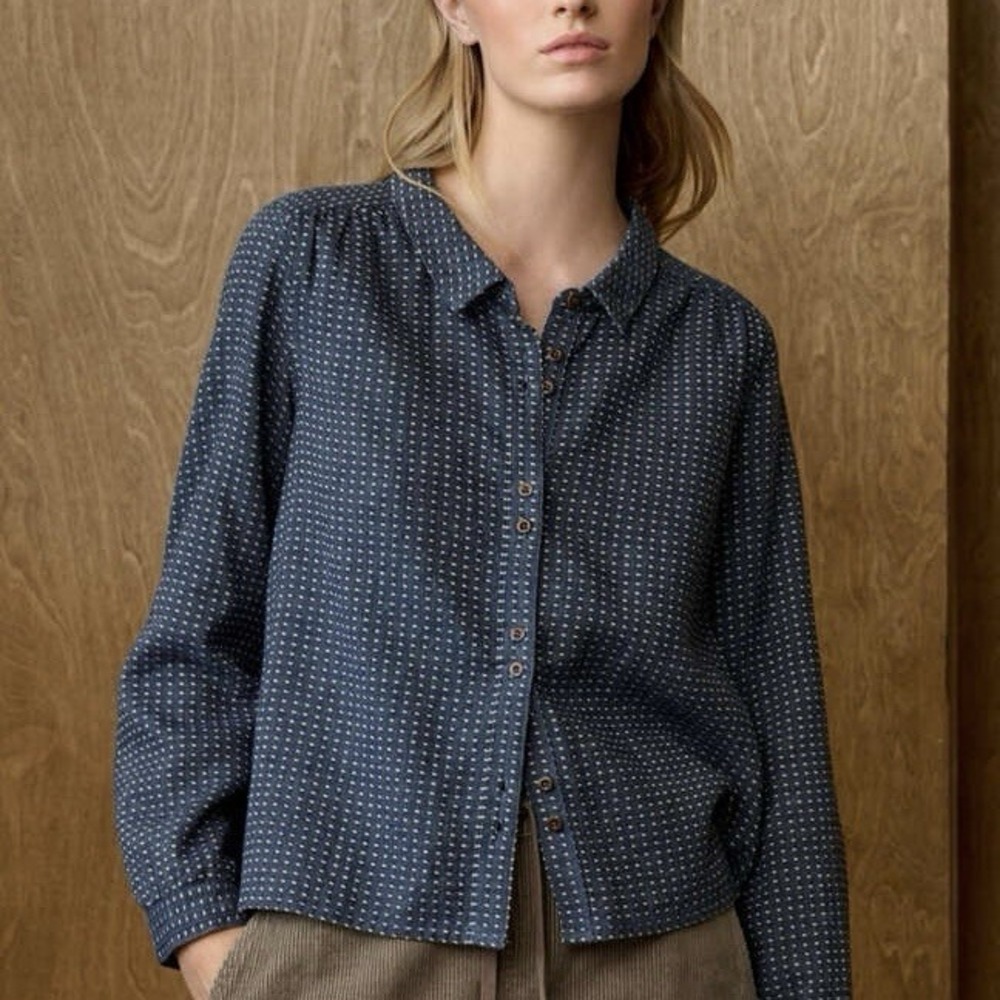 Poetry Dot-Weave Shirt Blouse Button Up Hemp Organic Cotton Blue RB96 US 4